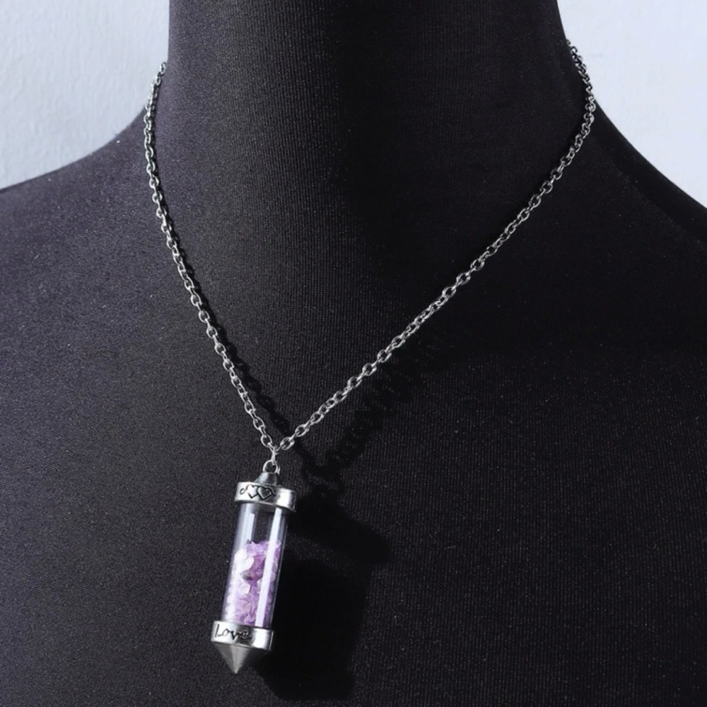 Amethyst Love Vial Tiny Lavender Float Stone Engrave Bottle Chakra Heart Pendant - Picture 5 of 16